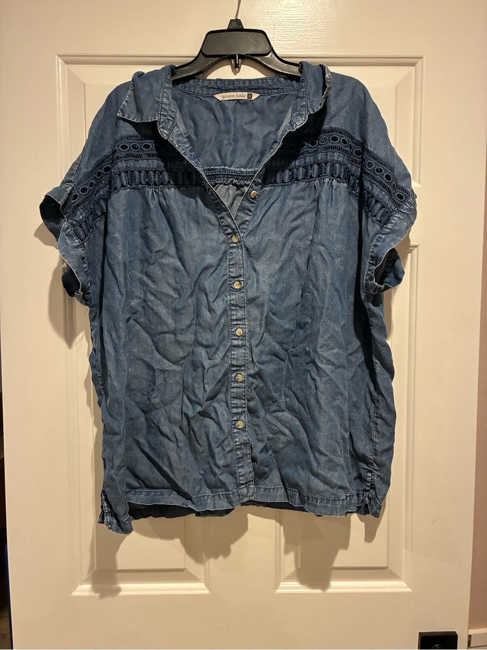 Women’s Blue Denim Button-Front Top with Eyelet Detail